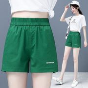 绿色松紧腰短裤女夏季小个子，高腰显瘦辣妹休闲打底短裤设计感