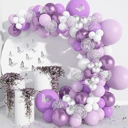 紫色气球花环套装女孩，生日蝴蝶贴纸薰衣草金属，银色气球生日派对