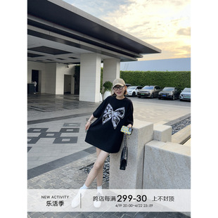 YANGLE_短袖t恤女2024夏季蝴蝶结印花宽松遮肉休闲大版长体恤