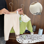 1-5岁女宝宝高质感坑条打底裤3女童秋冬季女婴儿一体加绒针织裤子