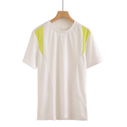 欧美单男女士夏季速干圆领短袖t恤拼接色工装上衣，透气网眼运动t恤