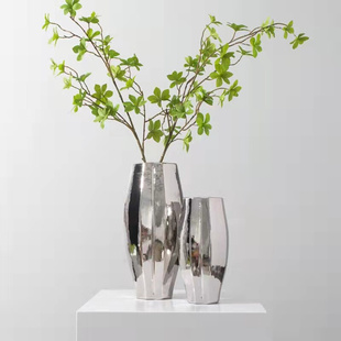 现代轻奢电镀银色陶瓷干花花瓶摆件家居软装饰品样板房间餐桌花器