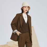 EMOO杨门秋冬咖色休闲西装外套女设计感韩版时尚气质高级感西服