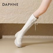 达芙妮长靴女2023高筒系带白色靴子厚底长筒靴法式冬季骑士靴