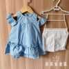 韩国女童夏季纯棉套装女宝蓝色飞边袖上衣裙白色花苞打底裤两件套