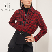 雪歌苏格兰风红黑格纹，休闲长袖衬衫女2022冬季通勤polo领衬衣