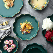 北欧墨绿色金边花型碗创意餐具家用菜盘牛排批萨盘汤盘面碗沙拉碗