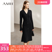 Amii2023秋季V领排扣法式掐腰连衣裙女小黑裙修身鱼尾裙子