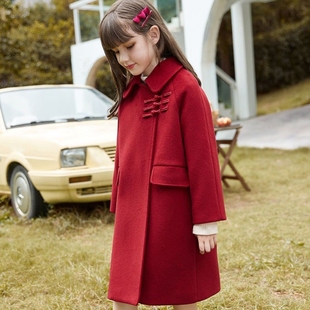 女童西装外套毛呢外套儿童呢子大衣拜年服中长款红色大童女孩洋气