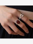 法式风红玛瑙戒指女小众设计感几何时髦猪鼻个性百搭高级感食指戒