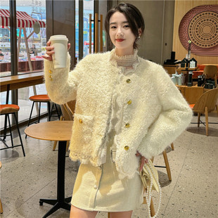韩国小香风蕾丝边骆驼绒毛毛外套女2023冬季仿羊羔，毛皮毛(毛皮毛)一体上衣