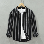 日系潮流条纹男士长袖衬衫黑色纯棉上衣开衫衬衫百搭方领宽松外套