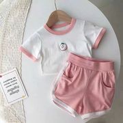 女童纯棉白色水蜜桃印花短袖短裤，两件套洋气休闲运动宝宝夏季套装