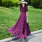 夏季紫色雪纺碎花连衣裙，女长款到脚踝2024年时尚，超长大摆裙子