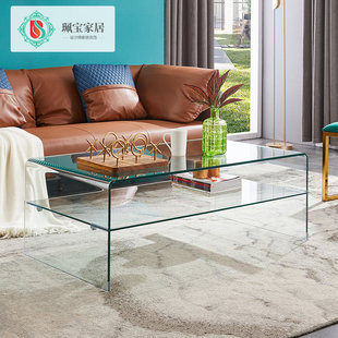 透明茶几热弯玻璃简约现代双层储物长方形茶台经济，组合小户型客厅