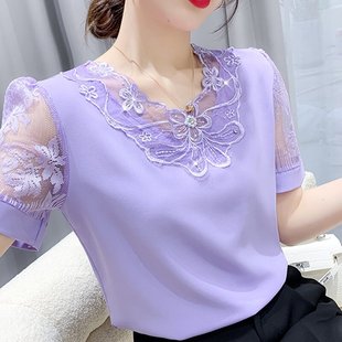 紫色绣花短袖雪纺衫女式上衣夏季2024年气质宽松拼接蕾丝t恤