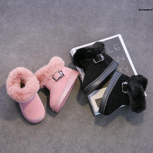 女。童鞋子面包鞋粉色洋气，毛毛雪地靴高帮，女款冬季儿童加绒加厚短