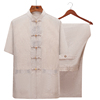 中老年男士高档唐装短袖棉麻套装夏季中国风中式刺绣立领亚麻衬衣