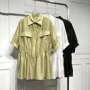 通勤气质纯色天丝收腰短袖衬衫，女2023夏宽松(夏宽松)显瘦减龄中长上衣