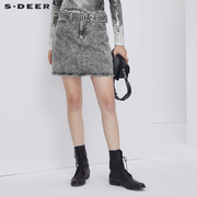 sdeer圣迪奥女装夏季半身裙时尚腰带做旧毛边牛仔短裙S21281305