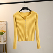春秋季针织棉开衫纯色圆领单排扣外套修身坑条超弹黄色上衣百搭女