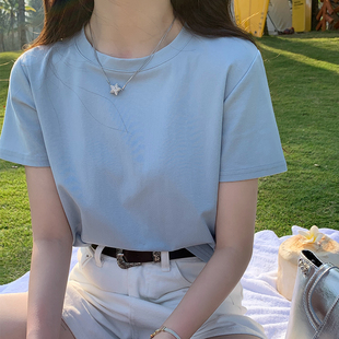 蓝色t恤女夏季2024纯棉圆领短袖设计感小众小个子纯色上衣
