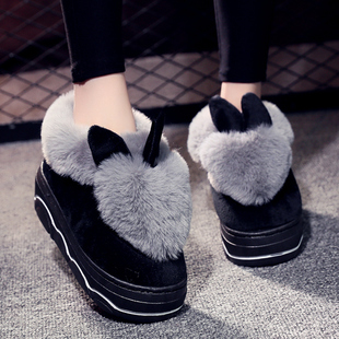 冬季高跟棉拖鞋女防滑厚底韩版卡通时尚防水室内保暖居家包跟棉鞋