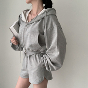 韩国chic秋季复古连帽拉链长袖卫衣外套+休闲短裤运动两件套装女