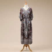 印度花袍子(灰色)东南亚民族风印花宽松长裙复古棉麻文艺连衣裙