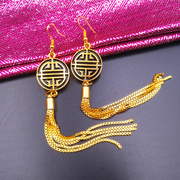 国潮耳环女中国风蒙古元素，双喜圆形流苏金色纯铜，耳饰民族特色饰品