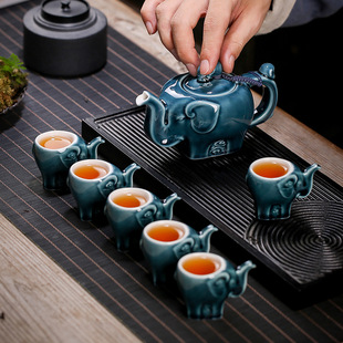 陶瓷动物大象茶具套装茶壶茶杯1壶6杯功夫茶具客厅摆件软装盒