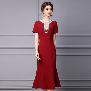 枝荔酒红色连衣裙正式场合，钉珠修身长款，荷叶边裙子2024年夏装
