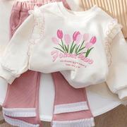 女小童韩版蕾丝花边卫衣宝宝网红洋气甜美印花长袖上衣秋装套头衫