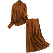 纯色宽松极简风蝙蝠型长袖V领女针织衫开衫高腰半身裙女套装M301