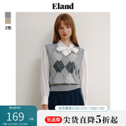 eland衣恋美拉德无袖针织衫女套头，v领学院风复古高级感格纹马甲