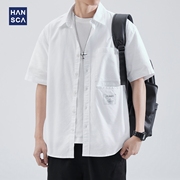 hansca白色短袖衬衫男宽松纯棉夏季潮牌时尚，条纹休闲衬衣外套