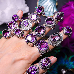 尼泊尔手工小众设计高级感夸张复古天然紫水晶，镶嵌s925纯银戒指女