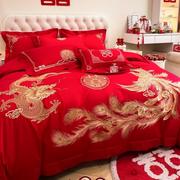中式婚庆龙凤被套四件套，结婚红色大全棉，刺绣床上用品婚房