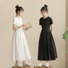 女童气质长款连衣裙，夏季韩版中大童亲子装赫本风，拼接短袖少女裙子