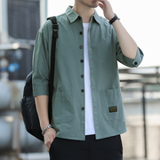 衬衫男士七分袖韩版宽松潮流休闲半袖夏季中袖上衣，男衬衣工装短袖