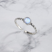 S925银女式月光石开口泰银戒指复古韩版简约做旧气质指环宝石指环