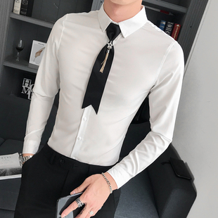 发型师衬衫男士短袖韩版潮流，修身五分袖7分衬衣，帅气领带中袖寸衫