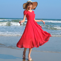 雪纺红色沙滩裙v领短袖大摆裙