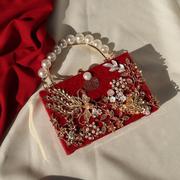 红包包结婚用国风手工包婚包手提新娘包丝绒(包丝绒)旗袍，包复古(包复古)红宴会包