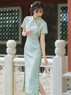 苏式波浪裙摆绿色年轻款少女改良旗袍2023夏季小清新日常可穿