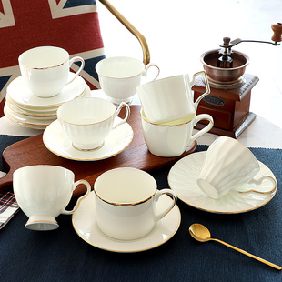 金边骨瓷咖啡杯套装陶瓷简约欧式家用小奢华杯碟，下午茶茶具小精致