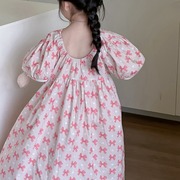milakoko童装2024夏款女童，大圆领泡泡袖花朵，连衣裙时髦公主裙长裙