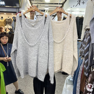 韩国东大门女装2023秋冬内搭纯色吊带背心+套头针织衫两件套