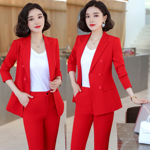 职业女裤套装秋冬韩版修身气质，时尚红色双排扣长袖，小西装外套