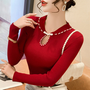 红色毛衣女2024早秋装时尚洋气时髦针织衫钉珠长袖上衣打底衫